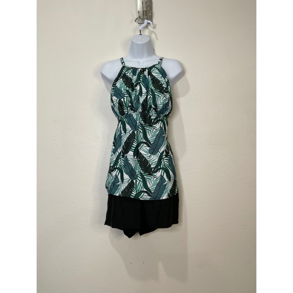 Attracosports Womens 2XL Tankini‎ Set Tropical Leaf Halter Top Boy Shorts